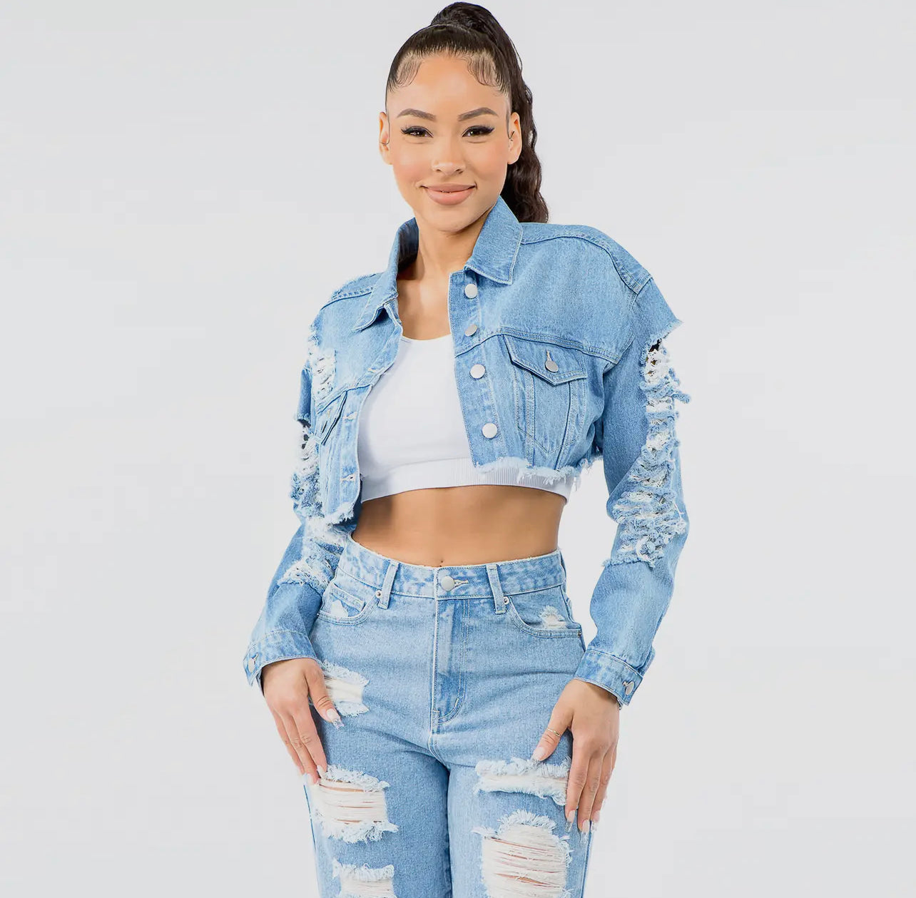 Blue Distressed Crop Jacket