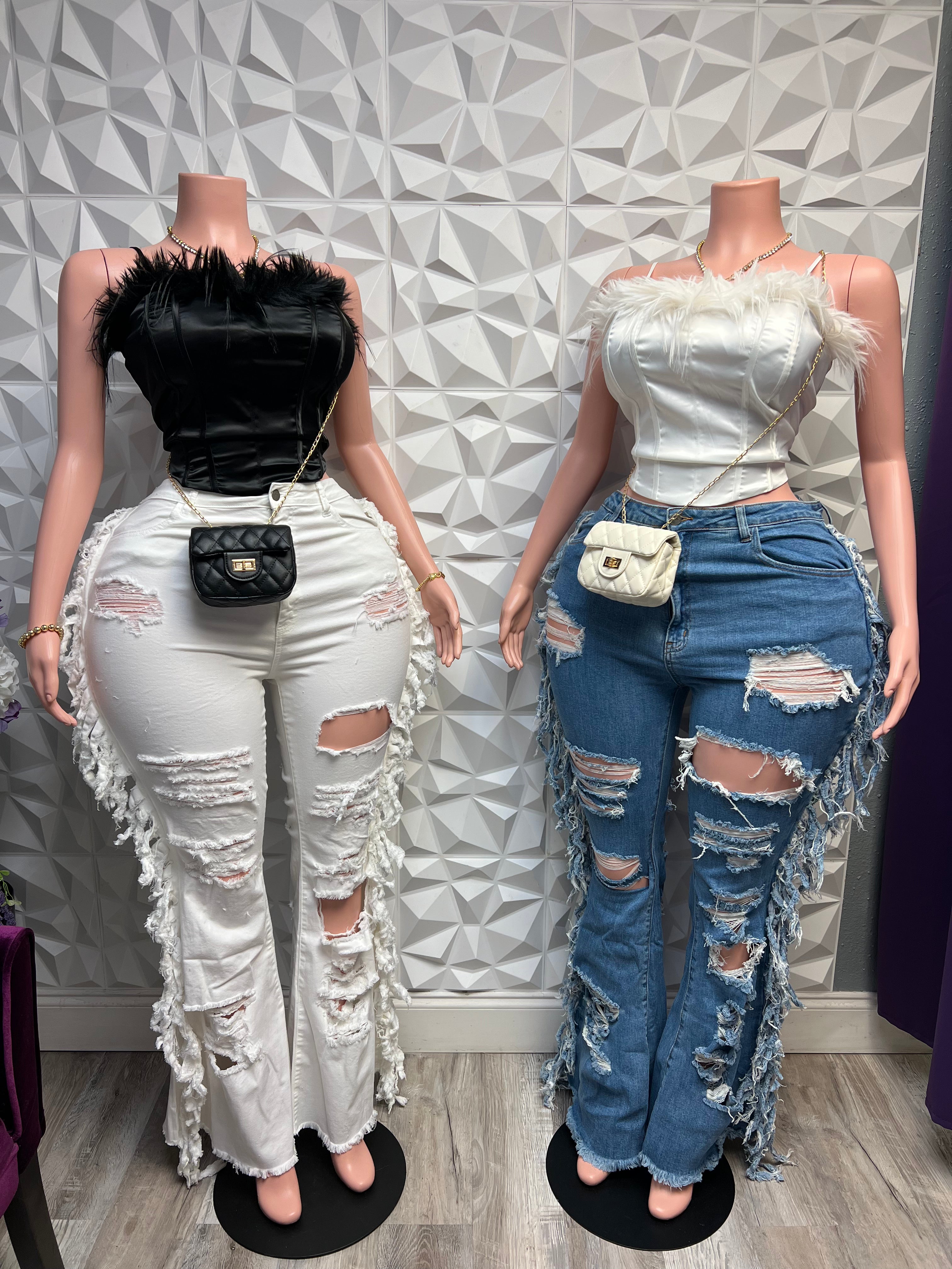 White Fringe Distressed Jeans